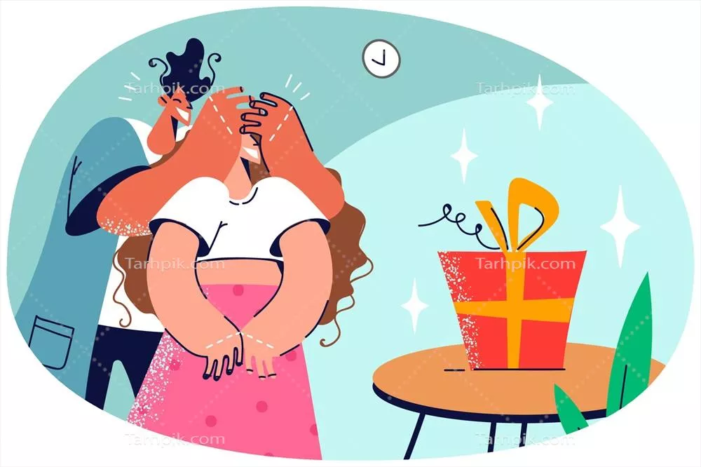 وکتور لبخند مرد جوان در نزدیکی چشمان معشوقه اش با حس شگفتی و عشق