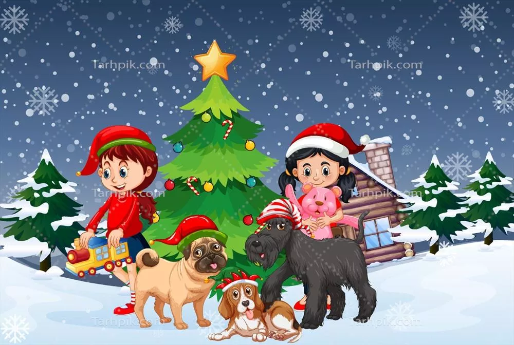 وکتور منظره برفباران با کودکان و سگها در موضوع کریسمس