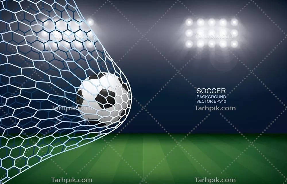 تصویر وکتور فوتبال با توپ در دروازه و شبکه سفید در پسزمینه استادیوم