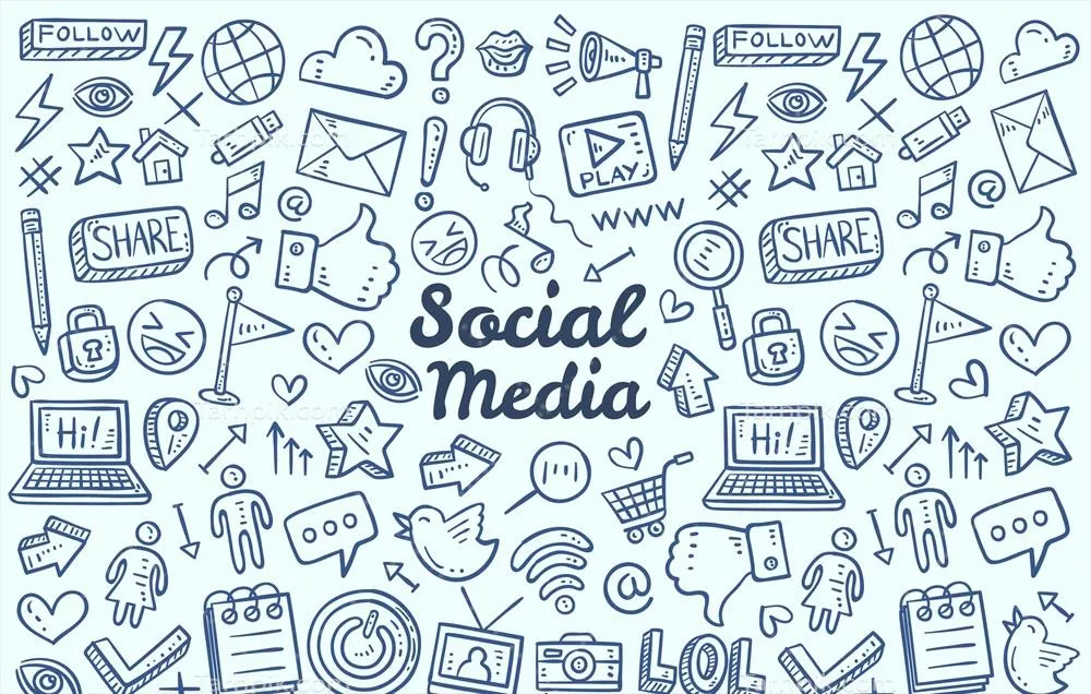 پسزمینه شبکههای اجتماعی با عناصر طراحی شده با دست به صورت وکتور