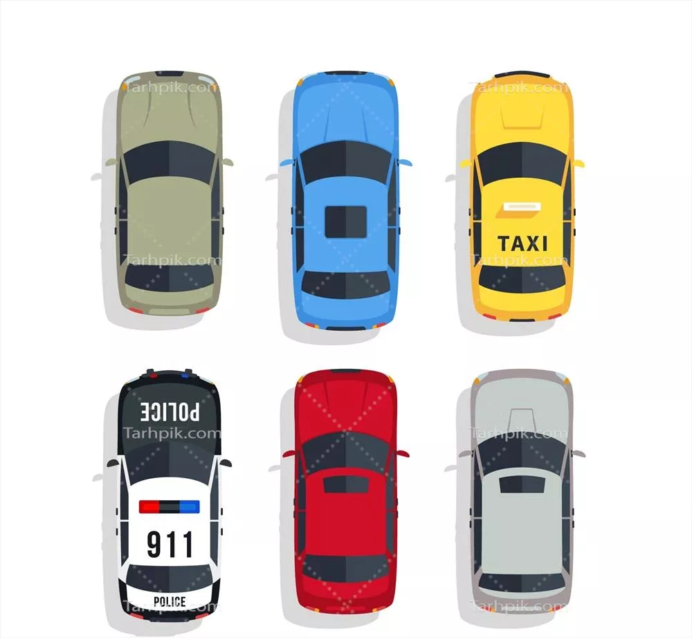 تصاویر بالایی از خودروهای تاکسی و پلیس همراه با گرافیک وکتور