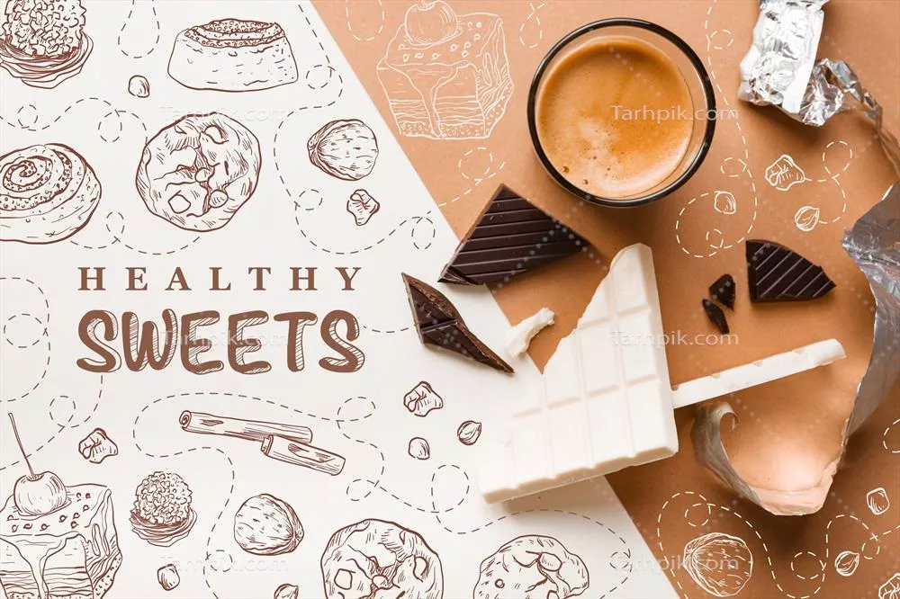 نگاهی از بالا به شکلاتها و فنجان قهوه در یک وکتور زیبا