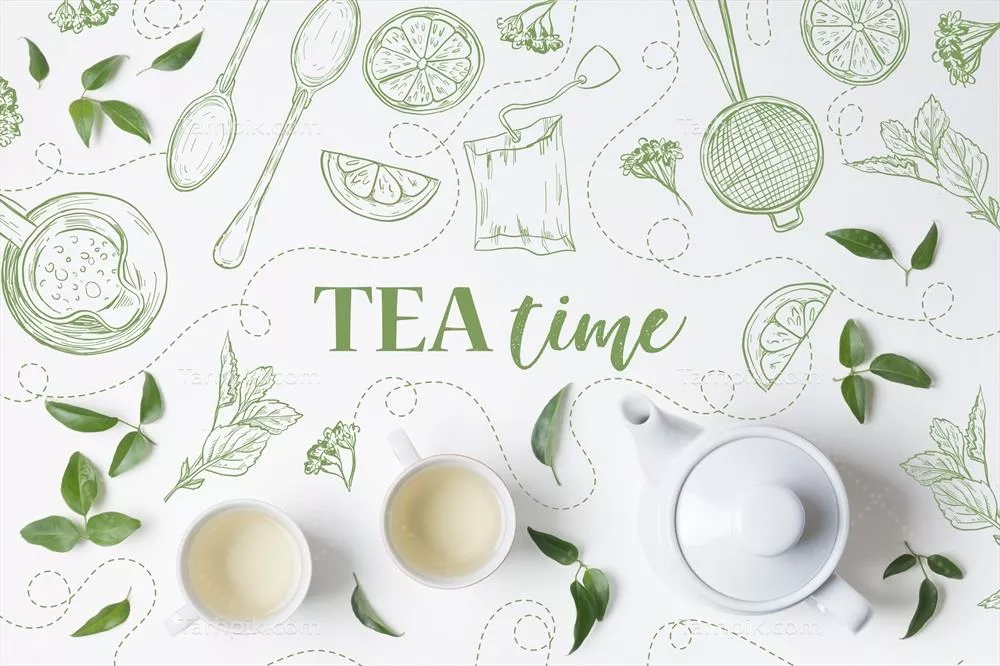 نمای بالا از فنجان های چای و قوری در یک وکتور زیبا