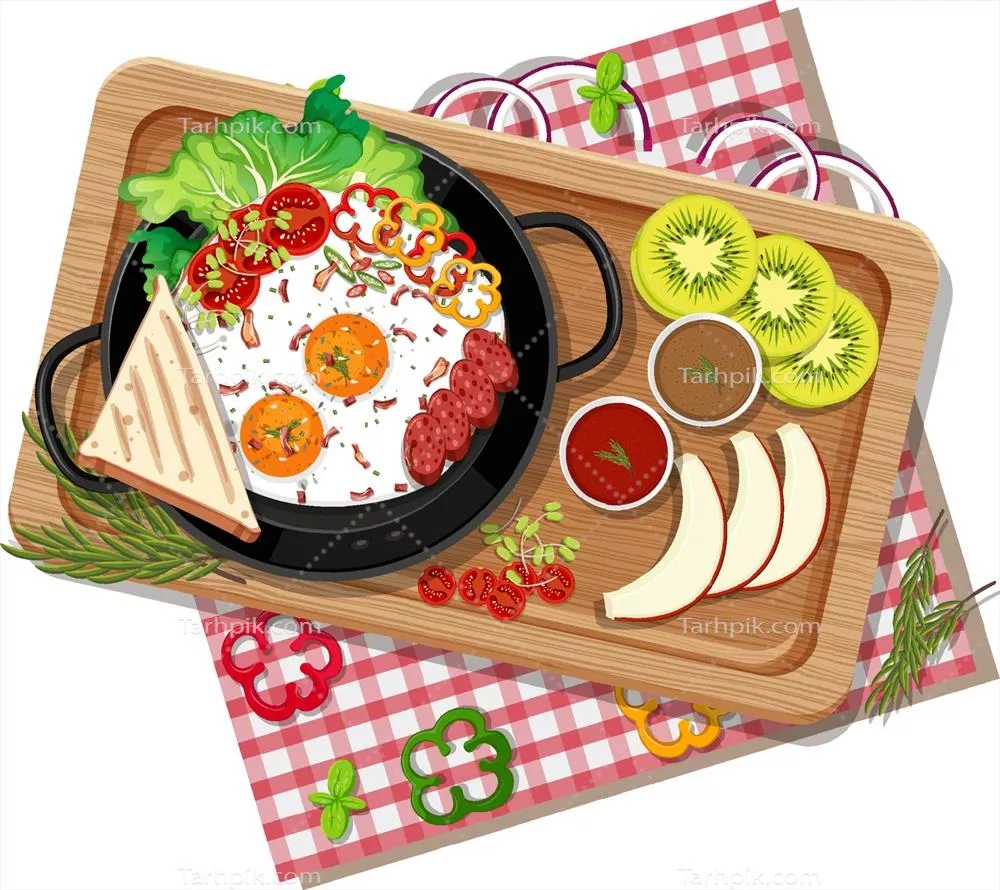 وکتور تصویر بالای صبحانه روی یک سینی چوبی خوشمزه و دلچسب