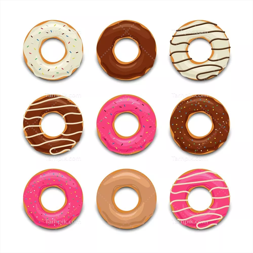 تصویر وکتور چرخش بالا از دونات های خوشمزه و رنگارنگ