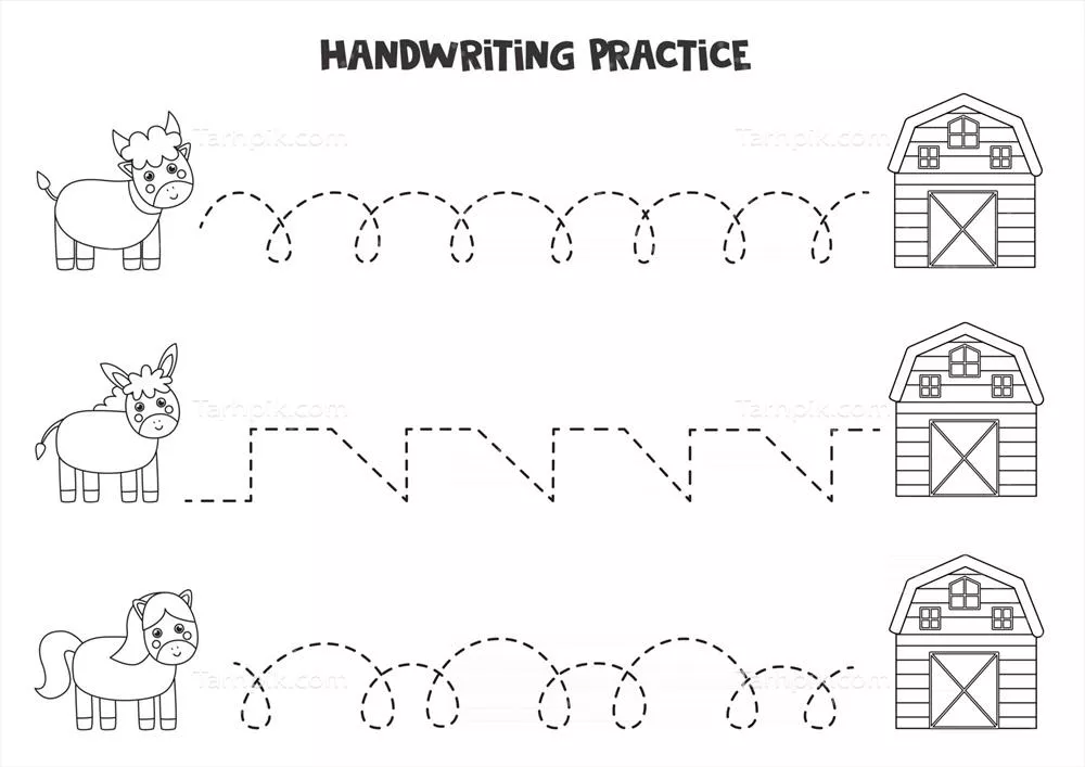 وکتور تمرین نوشتن با حیوانات مزرعه بامزه به همراه خطوط کشیده شده سیاه و سفید