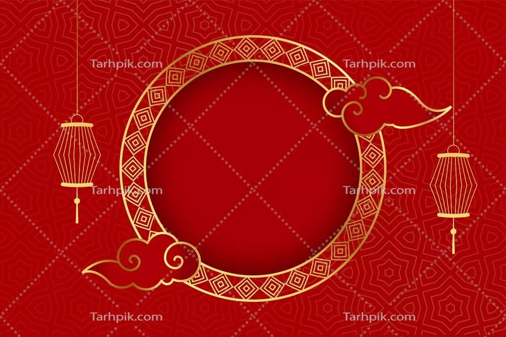 وکتور طرح تبریک با پسزمینه قرمز سنتی چینی و چراغهای رنگارنگ