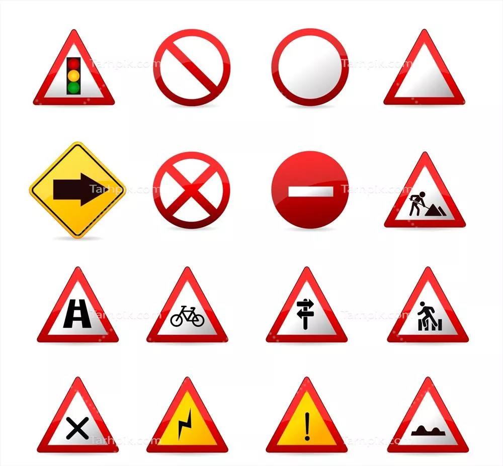 مجموعه نمادهای ترافیکی و علائم راهنمایی و رانندگی به صورت وکتور