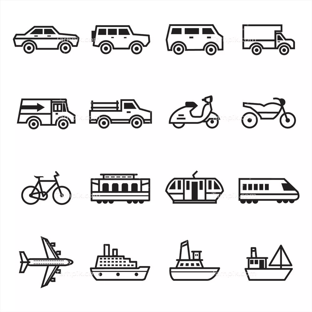 مجموعه آیکون های حمل و نقل و وسایل نقلیه وکتور