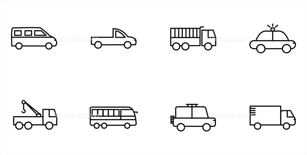 وکتور مجموعه آیکون های حمل و نقل شامل انواع وسایل نقلیه و علامت ها