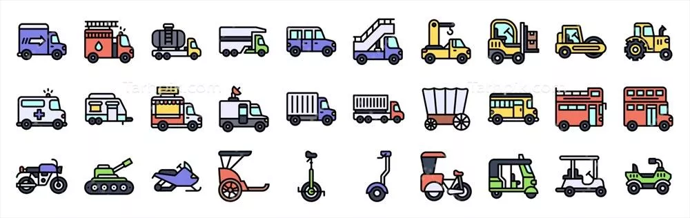 وکتور مجموعه آیکون‌های حمل‌ونقل به سبک طراحی پر شده و جالب