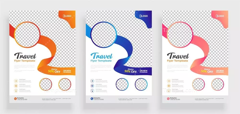 وکتور طراحی قالب بروشور سفر با جزئیات تماس و مکان به رنگ‌های نارنجی، آبی و صورتی