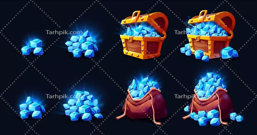 آیکونهای بازی کیسه گنج با جواهرات - طراحی وکتور با جزئیات عالی