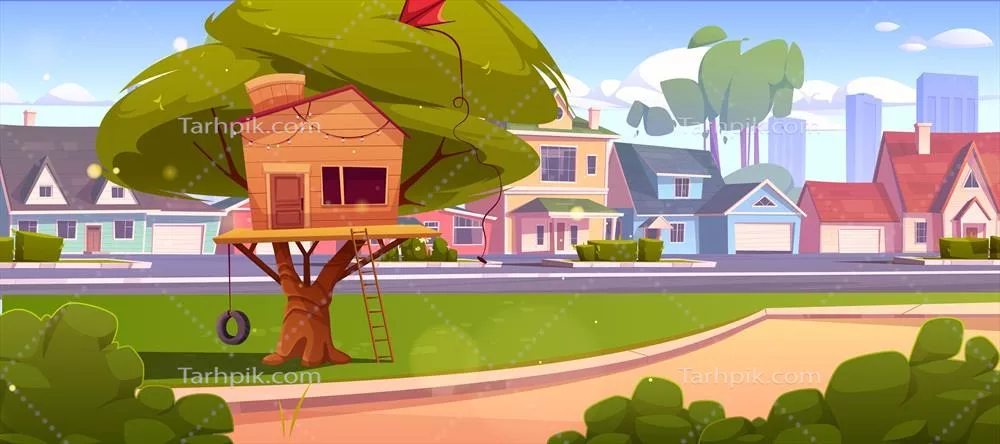کلبه درختی در خیابان حومه با کلبههای زیبا به صورت وکتور
