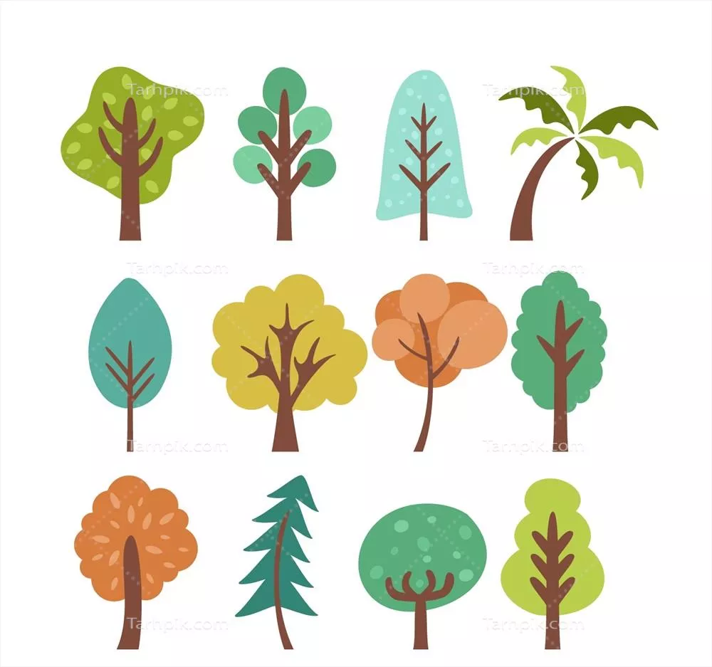 مجموعه وکتور ساده از درختان با رنگ های متنوع و جذاب