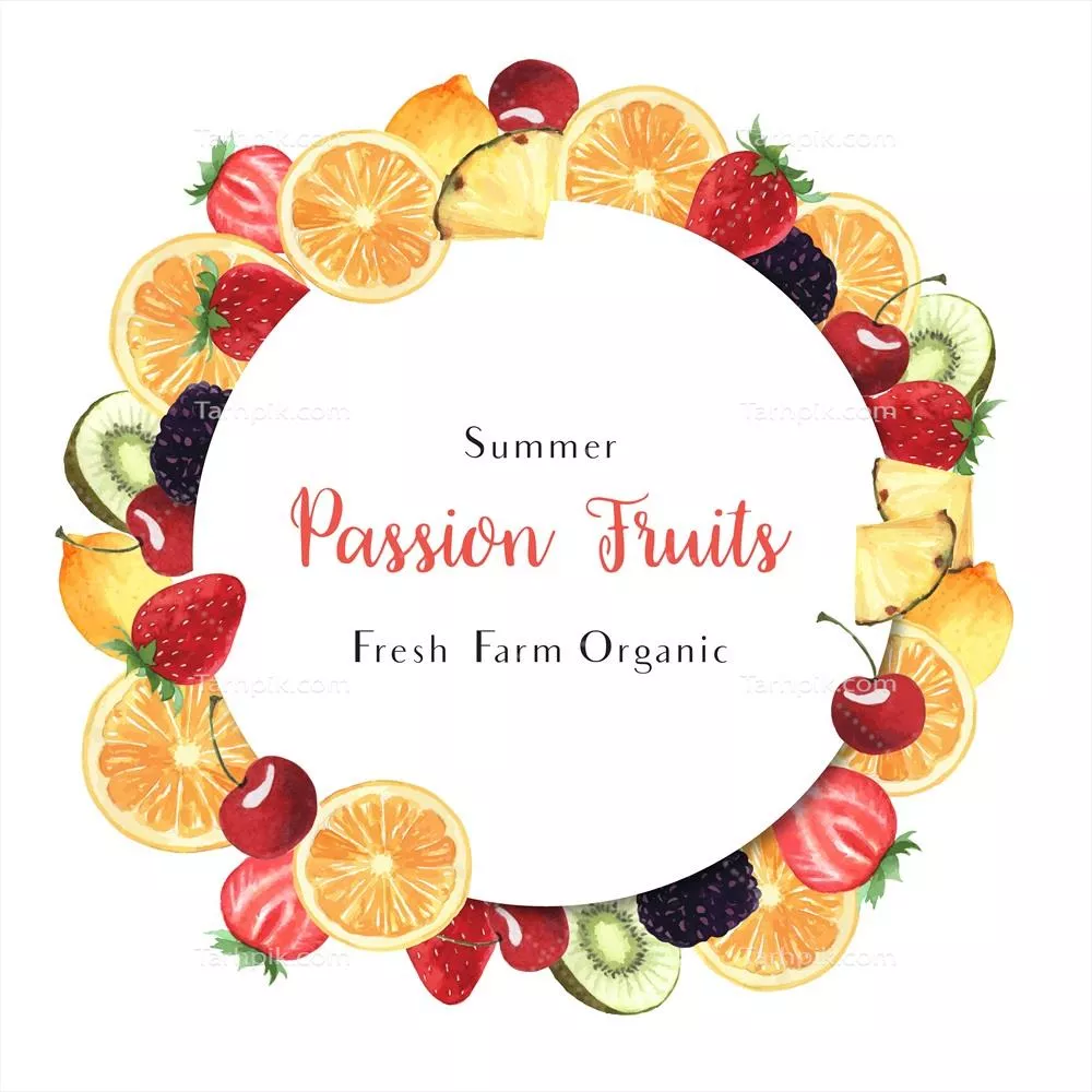 وکتور طراحی بنر با قاب میوه‌های فصل گرم: انار، پرتقال و میوه‌های خوشمزه استوایی