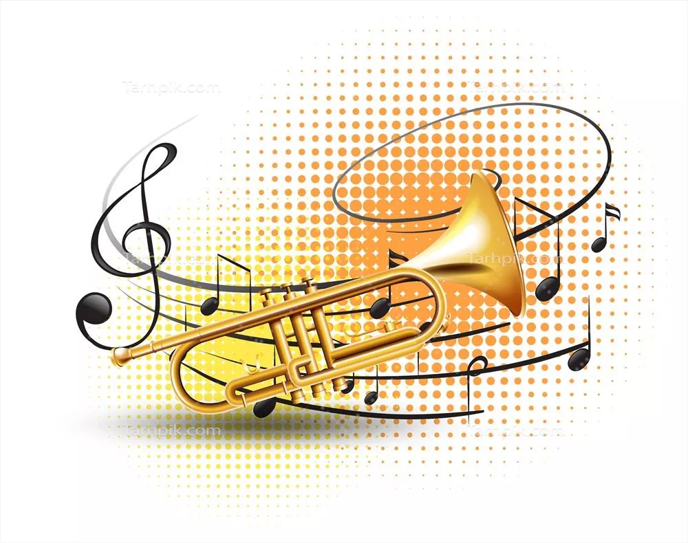 وکتور تصویر زیبای شیپور با نت های موسیقی در پس زمینه برای علاقه مندان به هنر