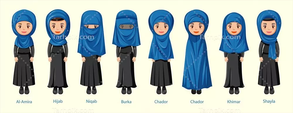 وکتور انواع نقاب‌های سنتی اسلامی زنان در شخصیت‌های کارتونی و تصویرگری‌های هنری