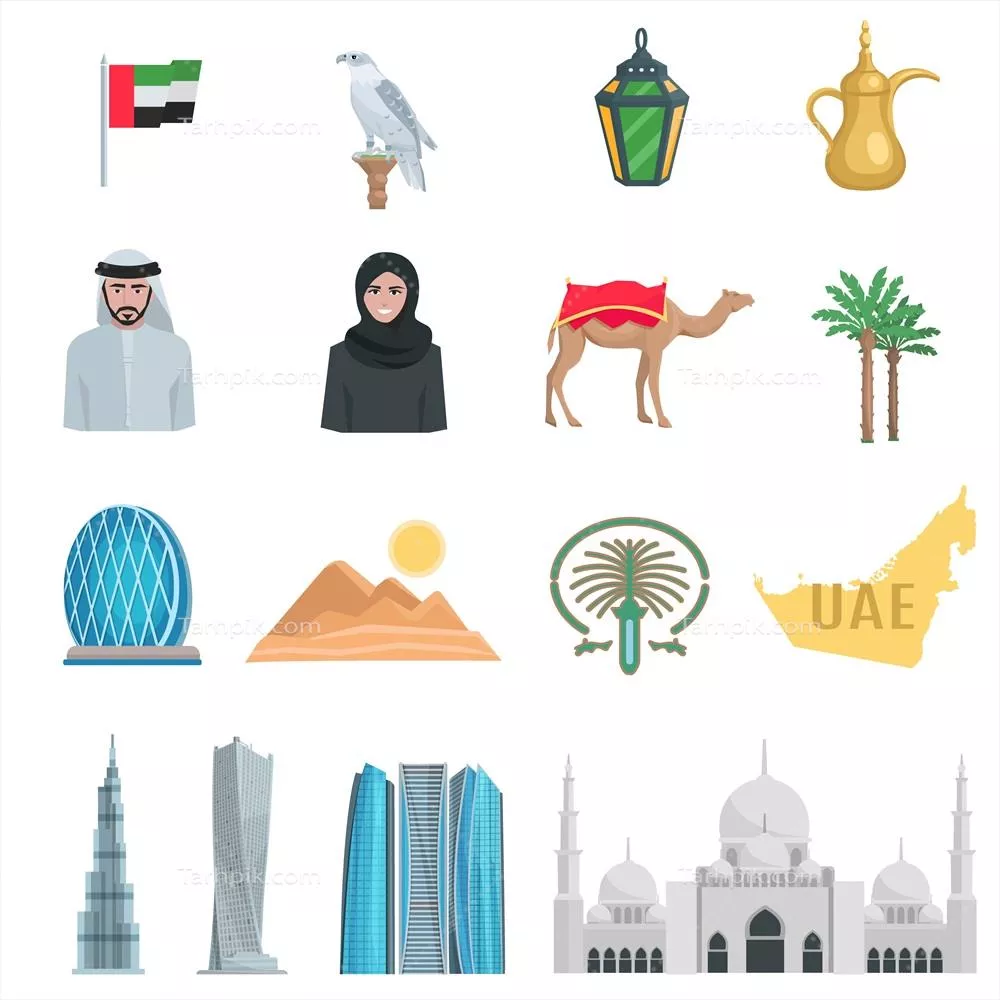 وکتور آیکونهای مسطح امارات متحده عربی با نمادها و اشیاء فرهنگی هنری