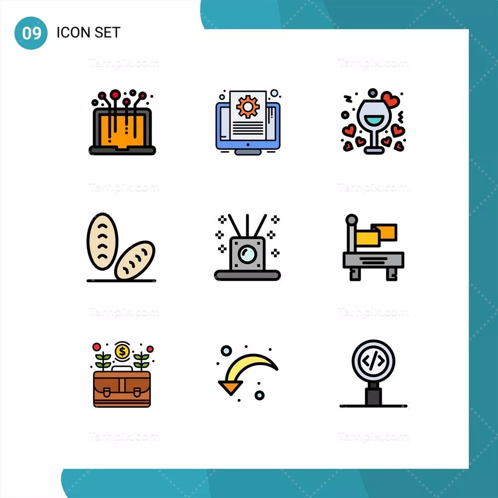 وکتور بسته رابط کاربری شامل 9 آیکون با رنگهای پر شده و طراحی تخت