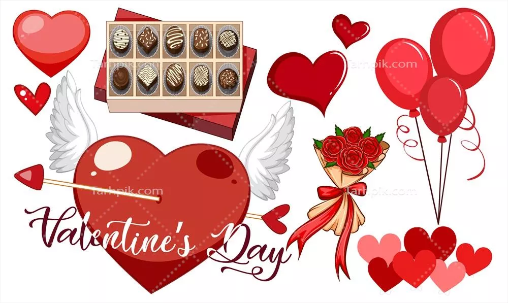 تصویر وکتور جشن ولنتاین با گل سرخ و شکلات جذاب
