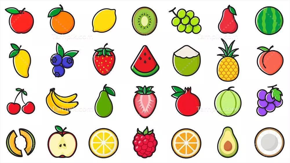 مجموعه آیکونهای وکتور از انواع میوهها با طراحیهای متنوع