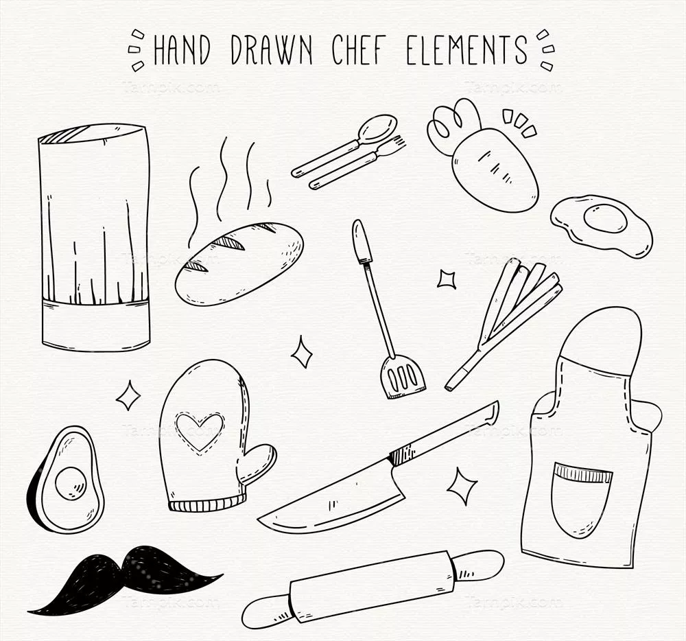 مجموعهای از انواع اقلام دستی و وکتوری سرآشپز با طراحی هنری و منحصر به فرد