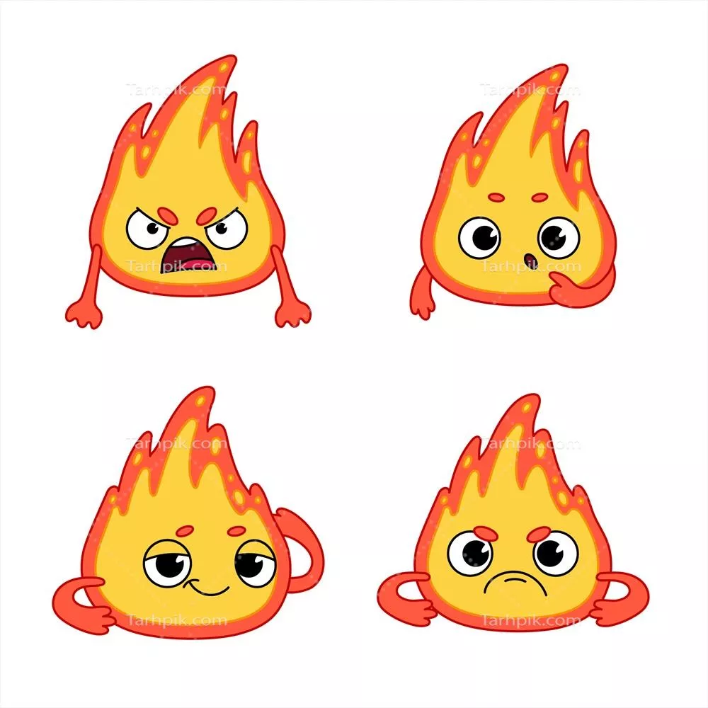 وکتور ست شخصیت‌های شعله‌دار دست‌کشیده با حالات خشمگین، کنجکاو و جذاب