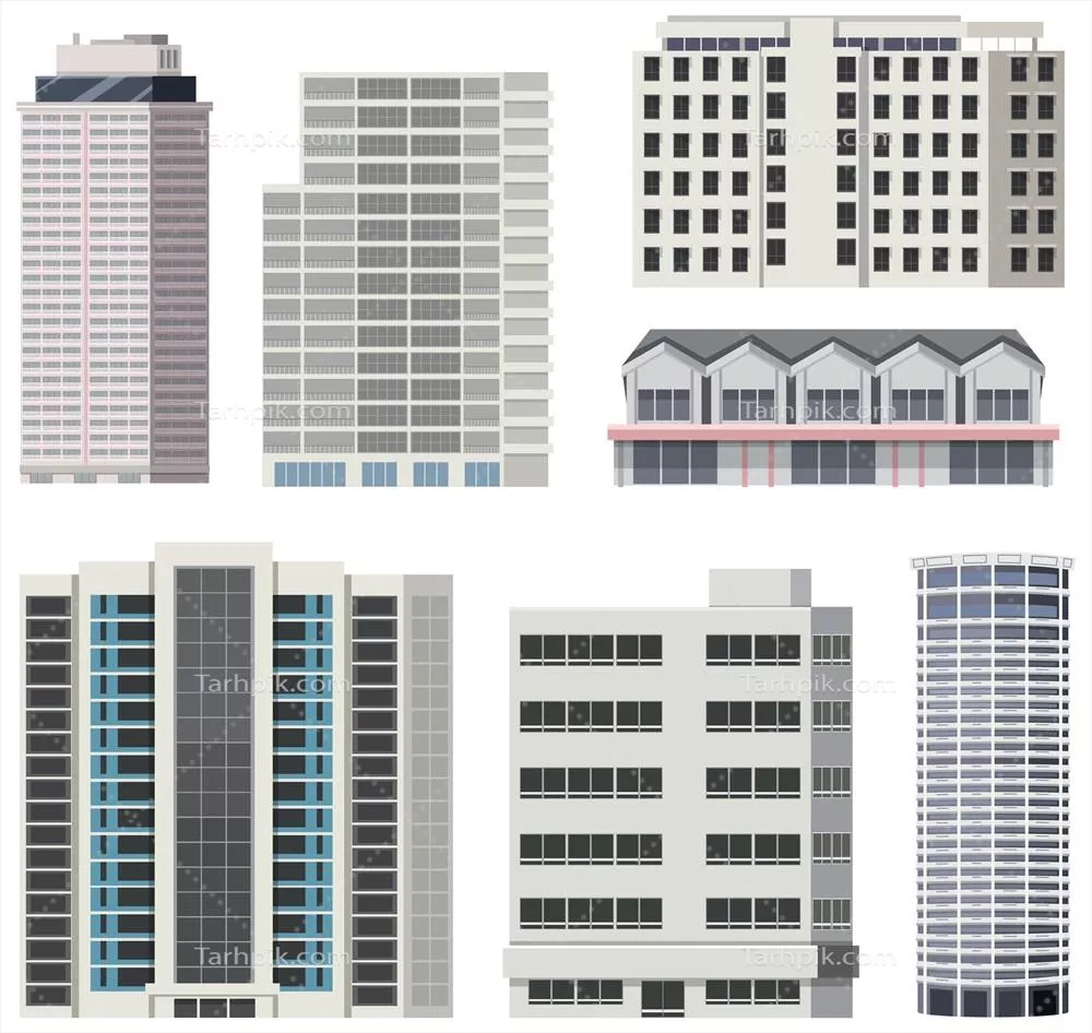 مجموعه‌ای از بناهای آسمان‌خراش شهری با طراحی وکتور متنوع