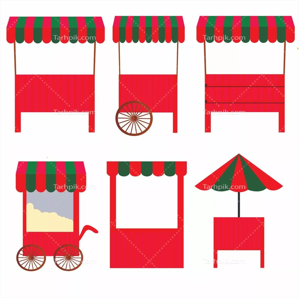 وکتور ست میله های بازار خیابانی: کانترها و کیوسک های جذاب به همراه سینی ها