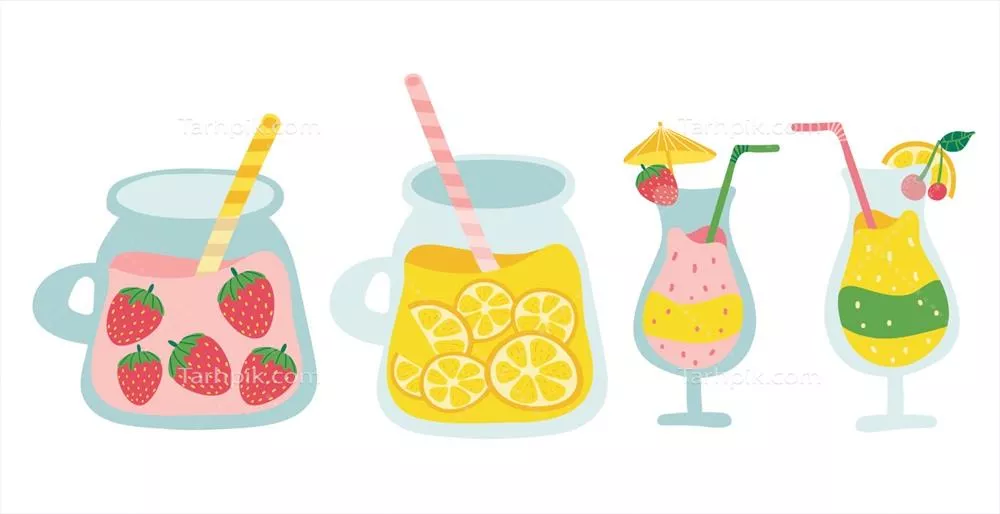 وکتور میوههای خوشمزه در کوکتل و آبمیوههای تازه و سالم و خوشطعم
