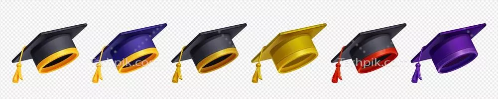 یک مجموعه وکتور از کلاه‌های فارغ‌التحصیلی در رنگ‌های مختلف و جذاب