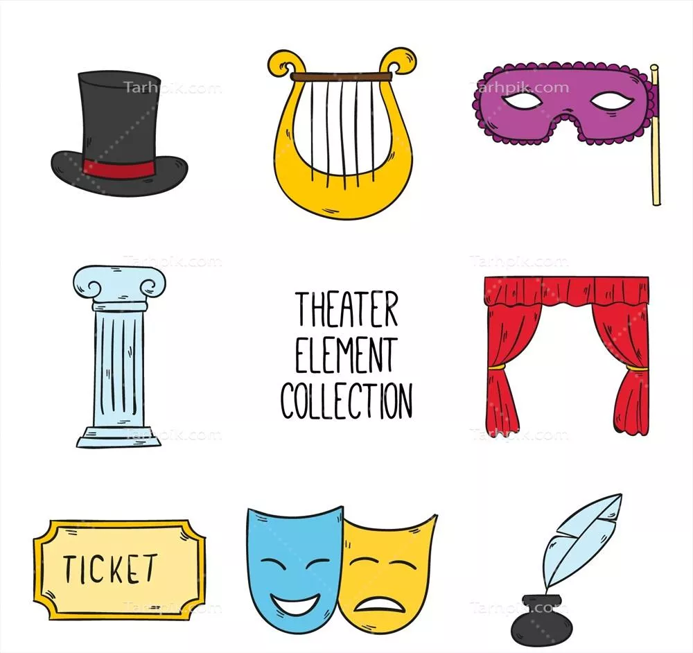 مجموعه ای از اشیاء تئاتر طراحی شده به صورت دستی و وکتور