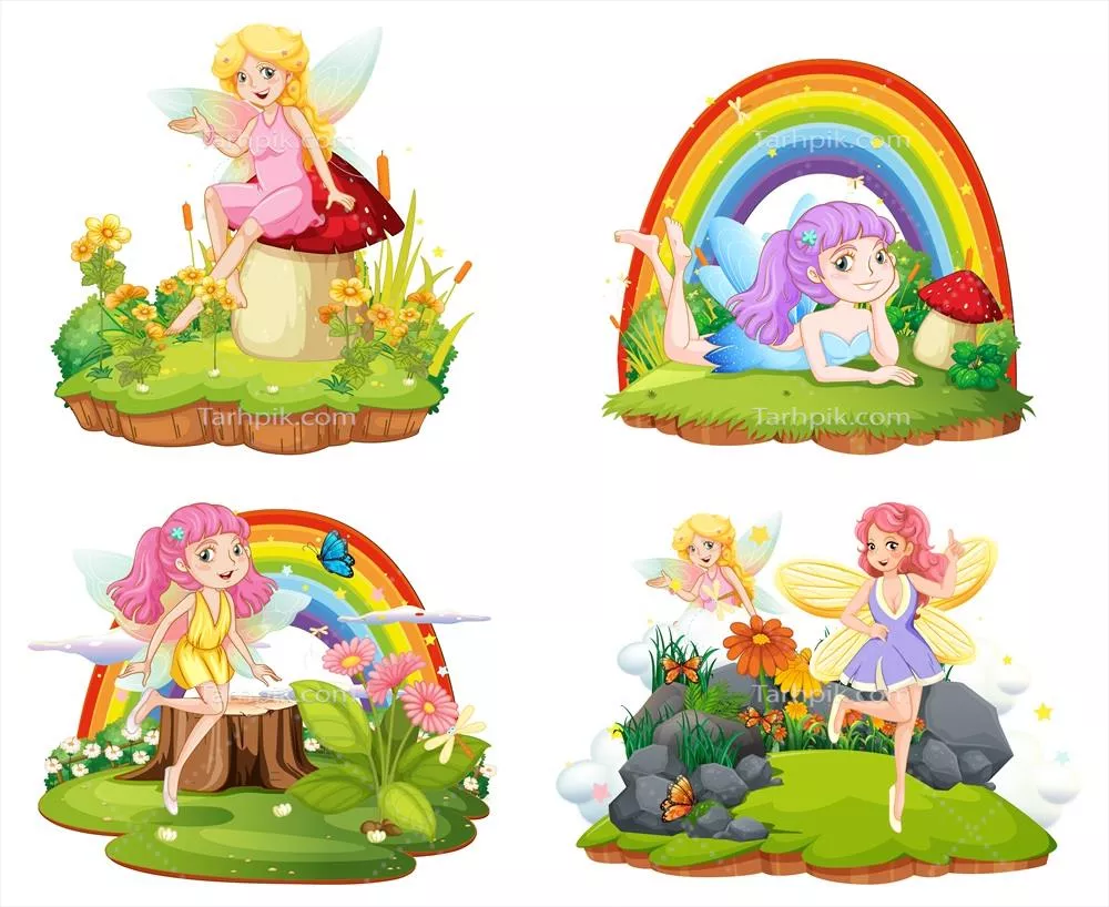 جنگل‌های شگفت‌انگیز و جداگانه با پری‌های زیبا در طراحی وکتور