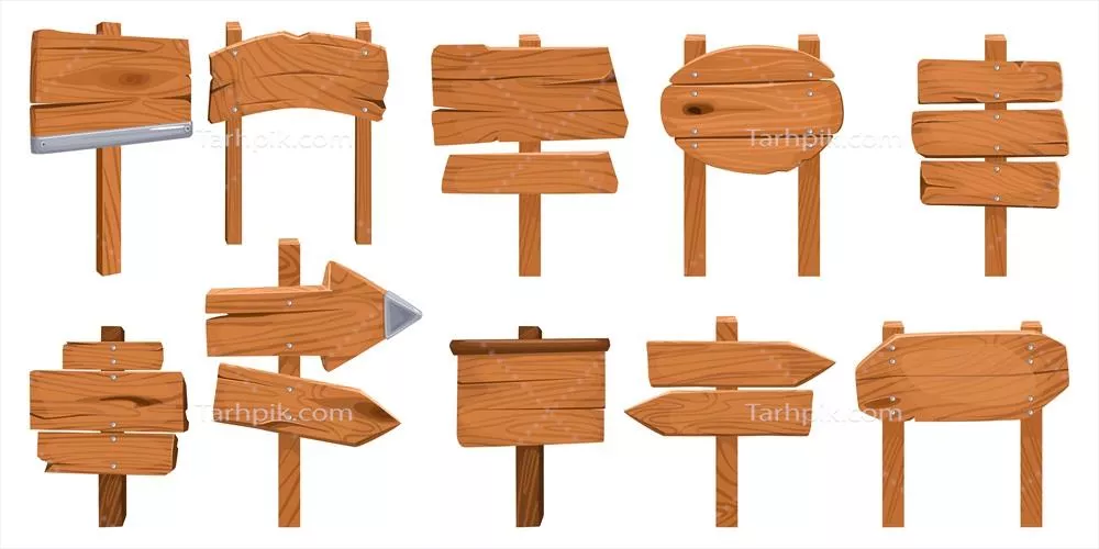 وکتور تابلوهای چوبی ایزوله با صفحات چوبی و دکل‌های راهنما با حکاکی متن