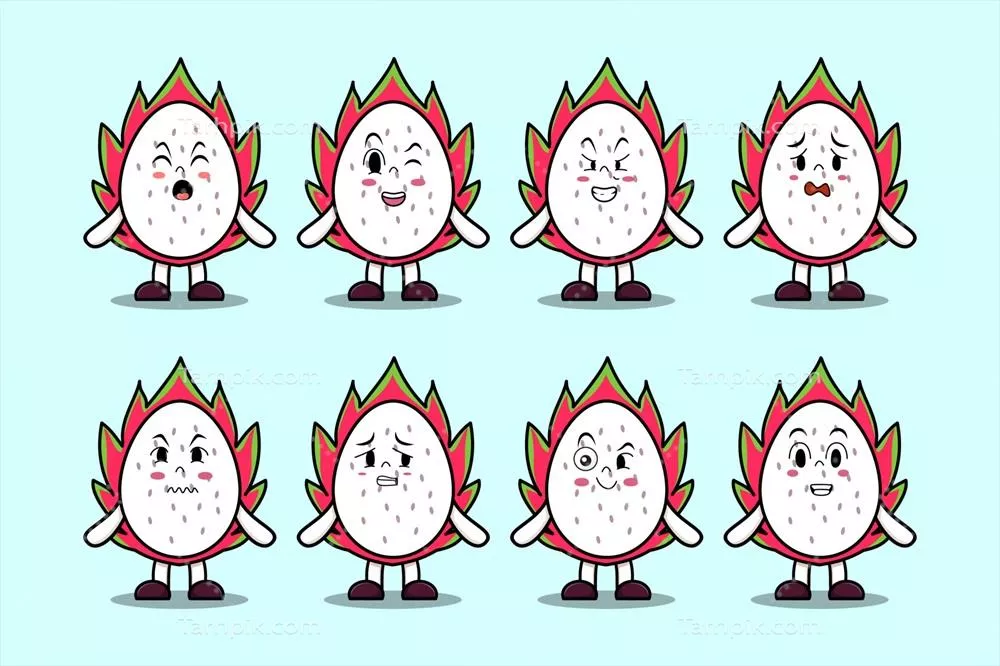 وکتور ست کارتون میوه اژدها با حالت‌های کیوت و بامزه برای طراحی‌های جذاب