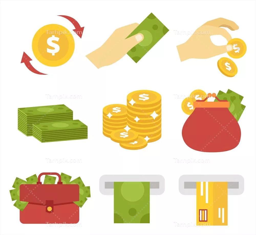 مجموعه عناصر وکتوری سکه‌های پولی با طراحی‌های متنوع و مدرن