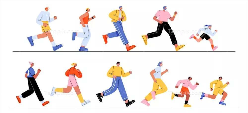 وکتور گروه بزرگسالان و کودکان در حال دویدن بر روی زمین سفید