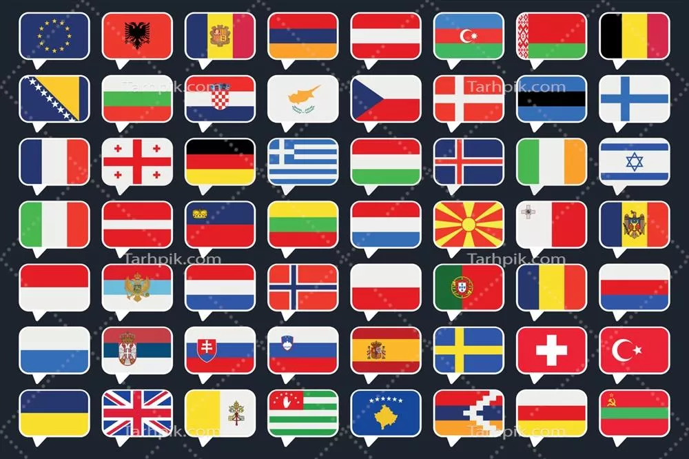 وکتور مجموعهای از پرچمهای کشورهای اروپا در حبابهای پیام