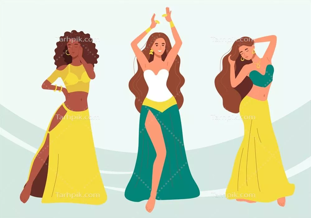 وکتور گروهی از رقصندگان شکم زن در لباس های شرقی با دامن های بلند