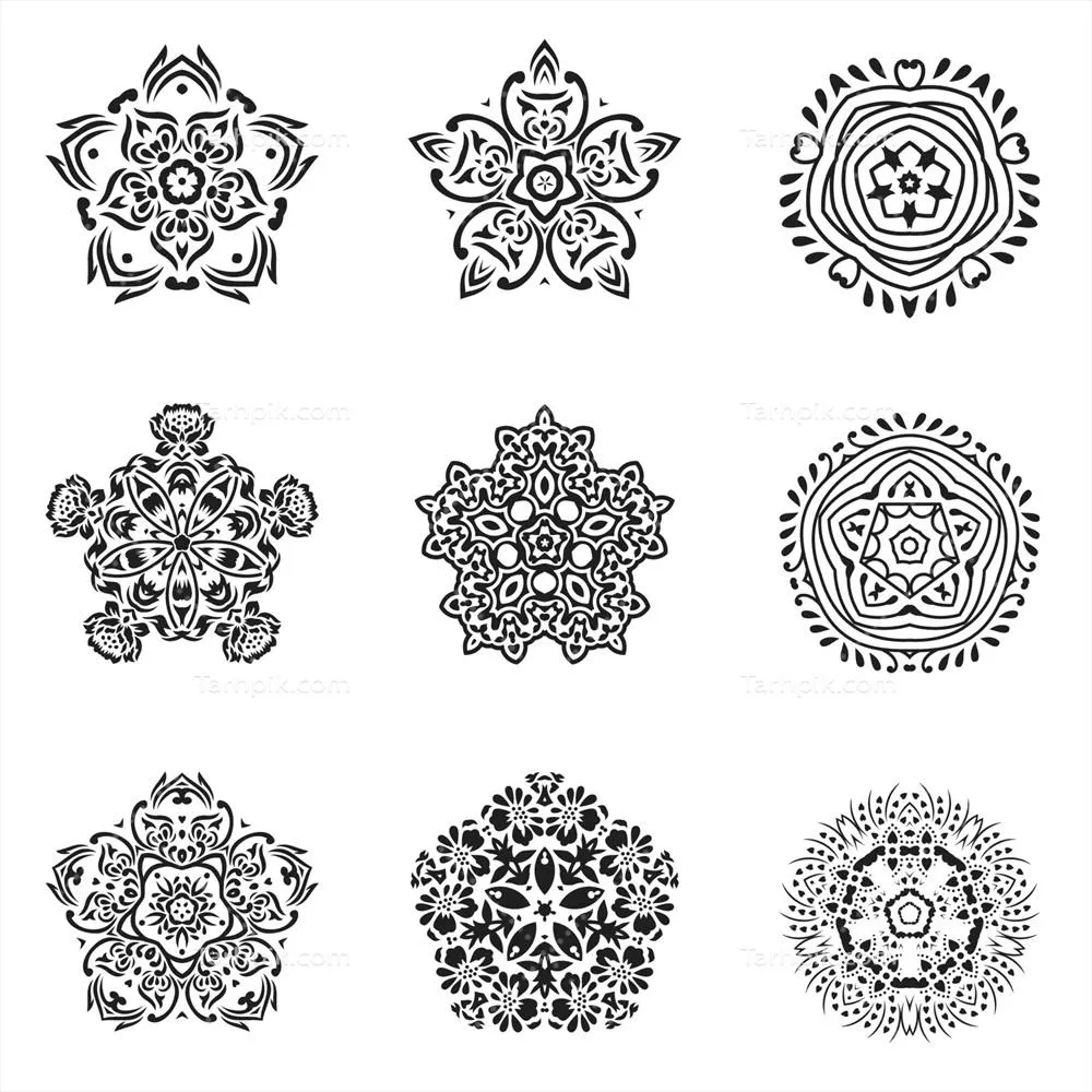 وکتور مجموعهای از ماندالاهای سیاه و سفید - هنر سنتی جدا شده