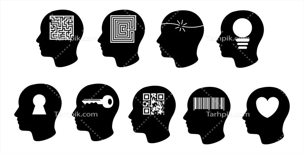 وکتور مجموعه‌ای از نمادهای سیاه رنگ مرتبط با روانشناسی و کسب‌وکار در پس‌زمینه سفید
