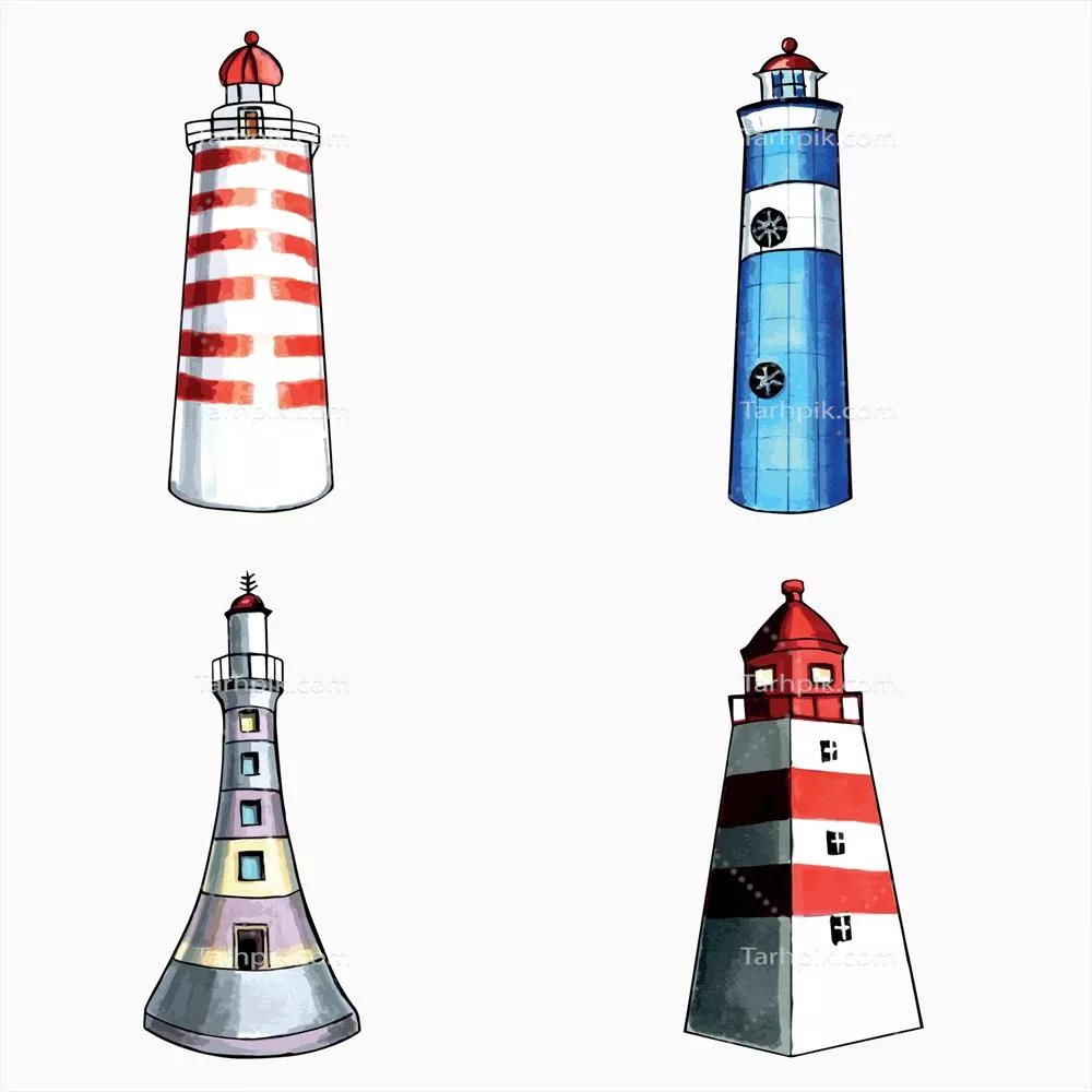 وکتور مجموعهای از فانوسهای دریایی به رنگهای قهوهای، آبی، قرمز و آبی روشن