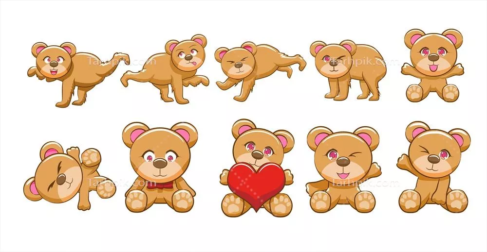 وکتور مجموعه‌ای از خرس‌های عروسکی قهوه‌ای روی پس‌زمینه سفید