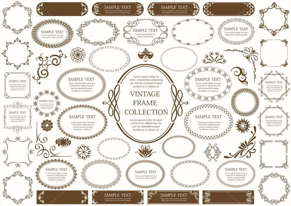 وکتور مجموعه ای از تابلوهای قهوه ای و قاب های دایره ای vintage بر روی زمینه ساده