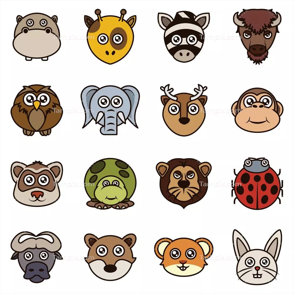 مجموعه‌ای از چهره‌های حیوانات کارتونی و وکتوری جذاب و دوست‌داشتنی