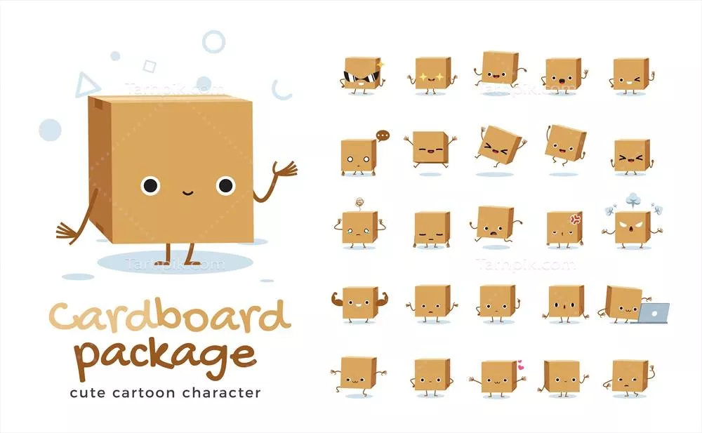 وکتور مجموعه‌ای از تصاویر کارتون جعبه مقوایی در حالت‌های مختلف و متنوع