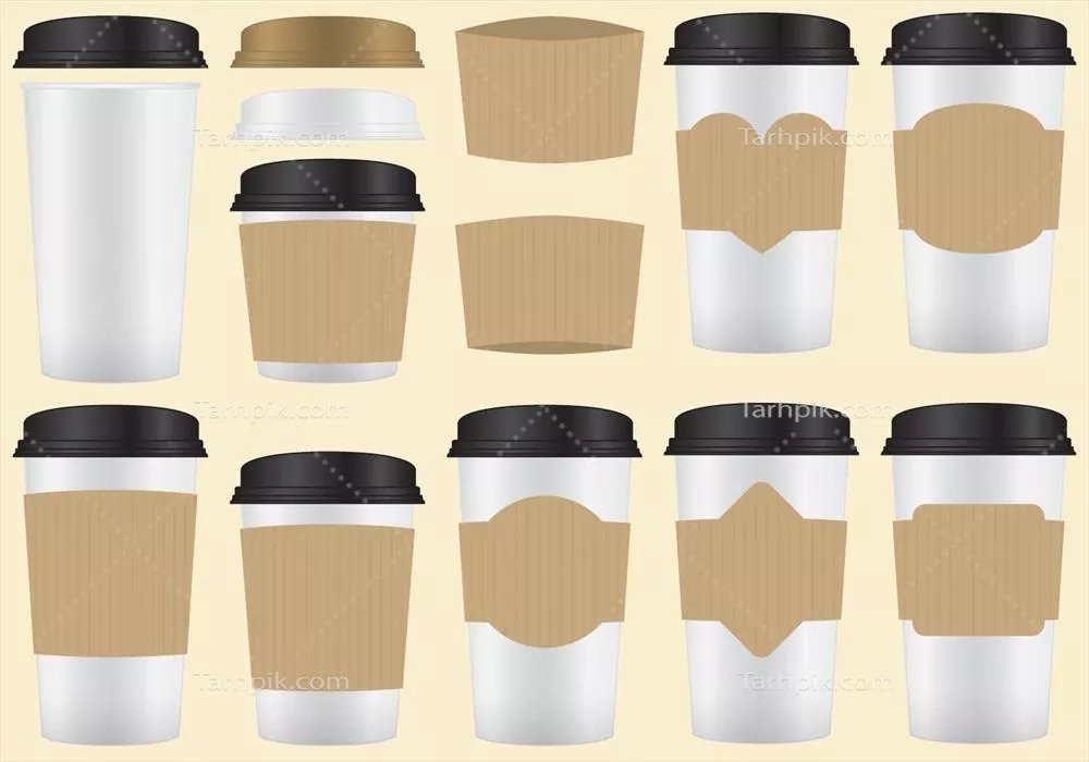 وکتور ست کامل آستینهای قهوه و لیوانهای کاغذی برای پروژههای برند شما در نشر و کافی شاپ