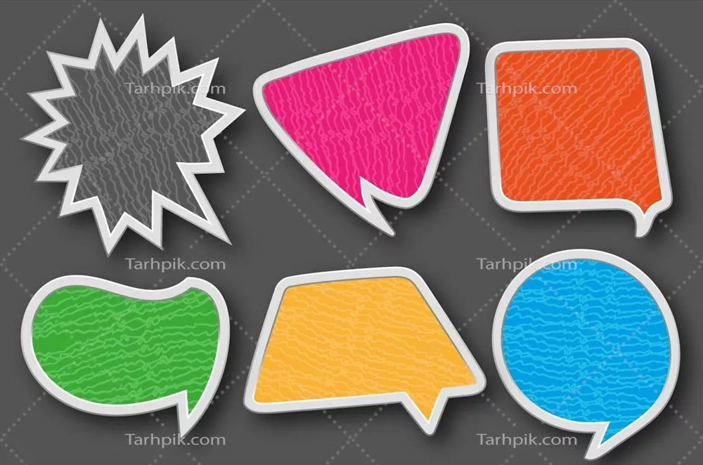 مجموعهای از عناصر وکتور حبابهای گفتاری رنگارنگ و چسبنده