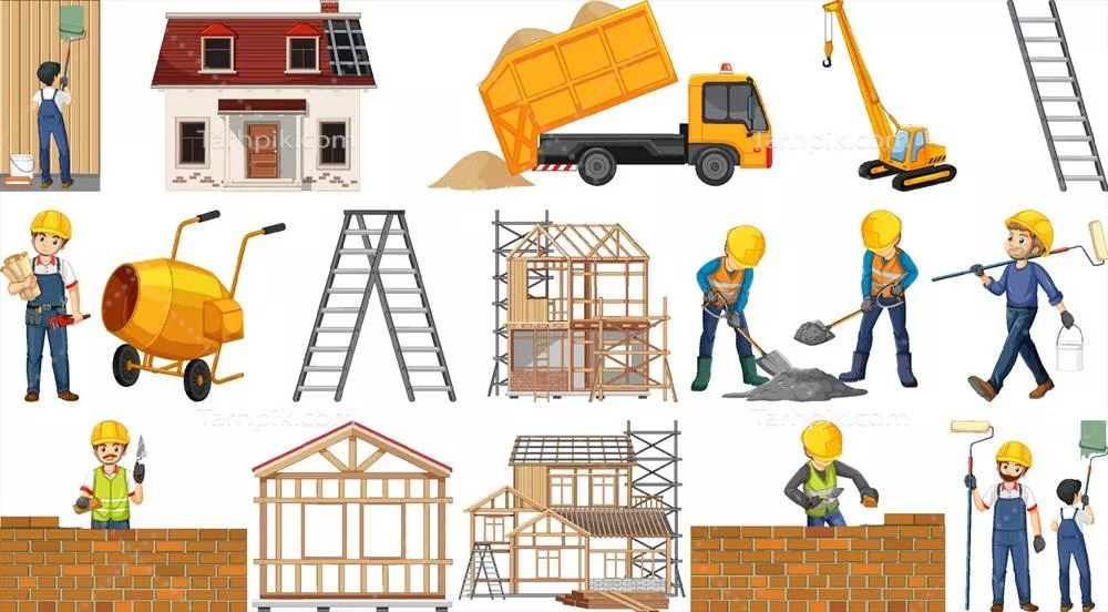 وکتور مجموعه ای از اشیاء مربوط به محل ساخت و ساز برای پروژه های عمرانی